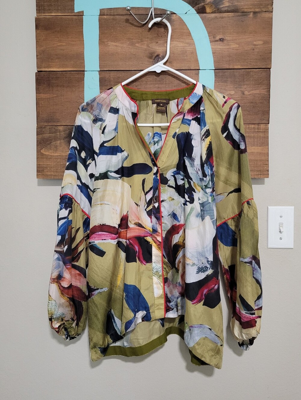 Vineet Bahl By Antropologie Olive Multicolor Abstract 100% Silk Print Blouse M